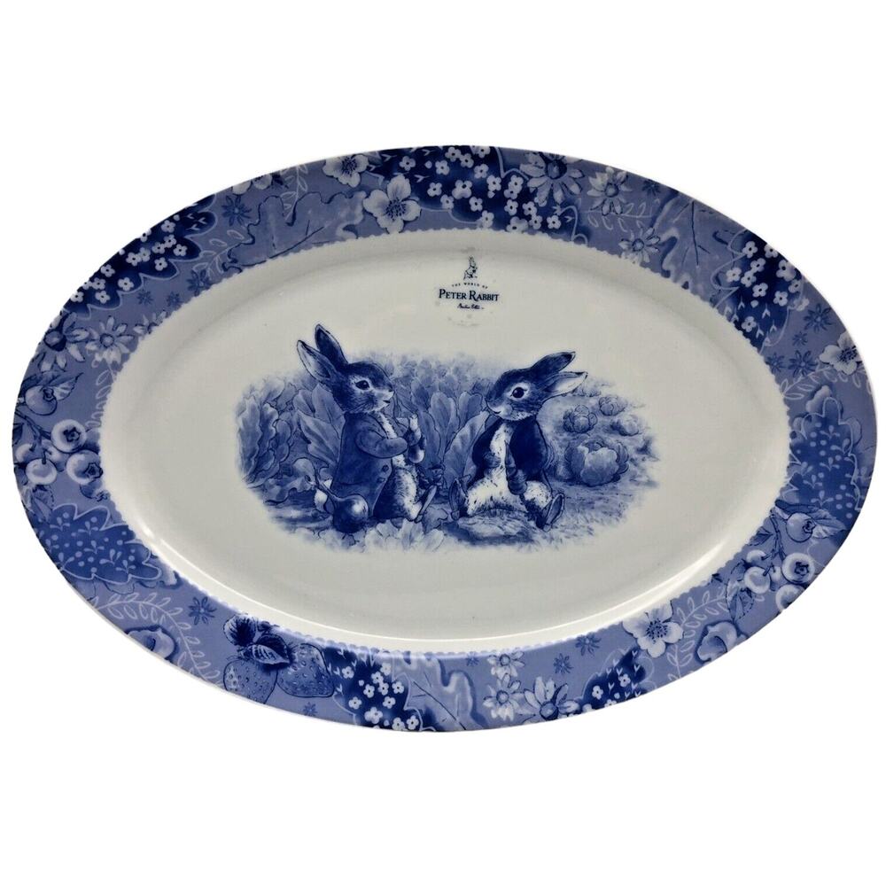 Beatrix Potter Peter Rabbit Blue Toile Porcelain Oval Serving Platter 14x9 NEW